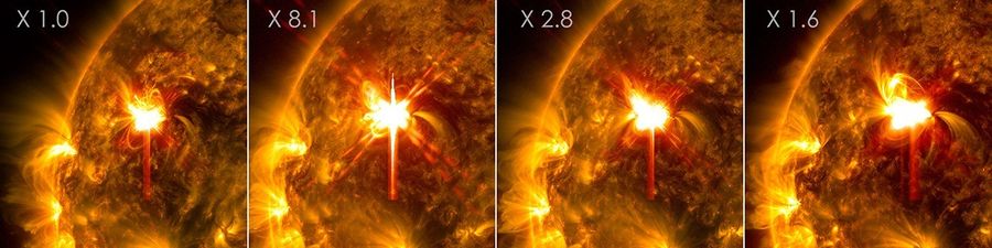 As imagens mostram um subconjunto de luz ultravioleta extrema que destaca o material extremamente quente em erupções e que é colorido em dourado e vermelho.